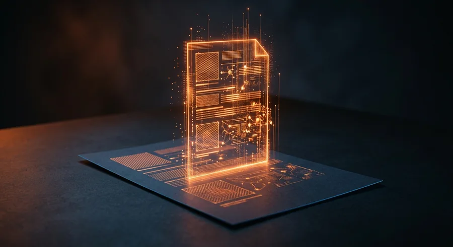 Leuchtendes digitales Dokument über einer Unterlage als Sinnbild für einen Förderantrag