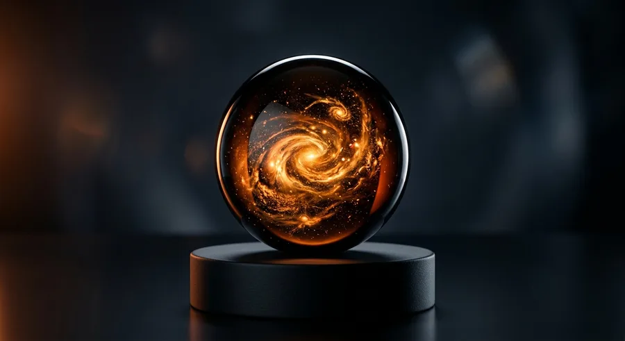 Glaskugel mit leuchtender Galaxie auf einem Sockel