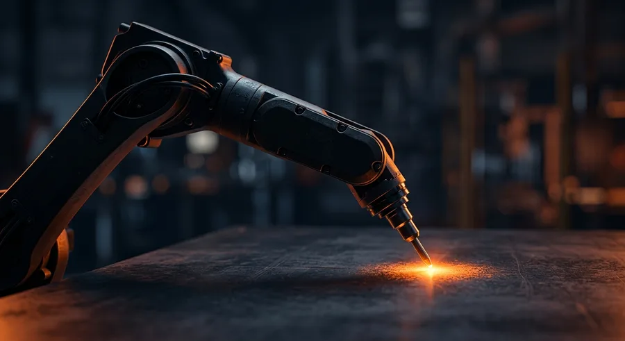 Robot arm with a glowing tip in a factory hall, symbolising automated lead capture