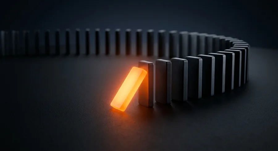 Dominokette, deren erster Stein orange leuchtet: eine Aktion löst den ganzen Workflow aus