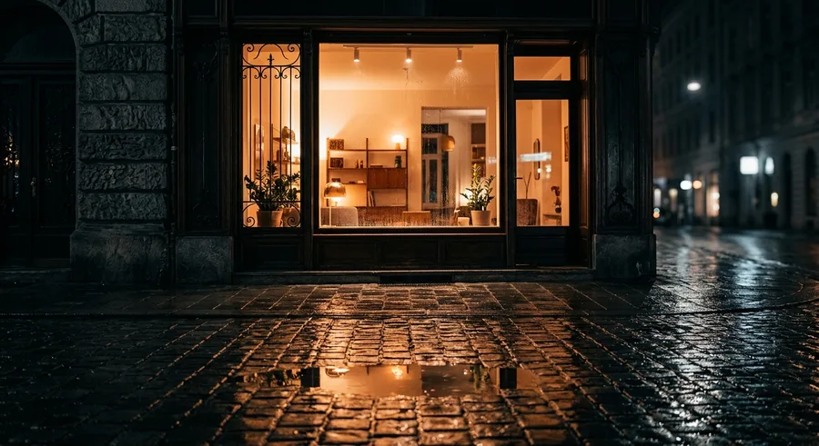 Beleuchtetes Geschäft bei Nacht, die nasse Pflasterstraße spiegelt das Licht