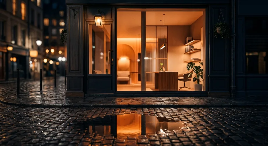 Beleuchtetes Ladenlokal bei Nacht an einer Pflasterstraße