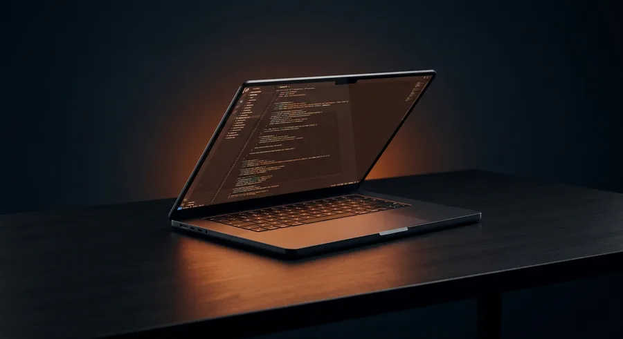 Laptop mit Programmcode im orangefarbenen Licht