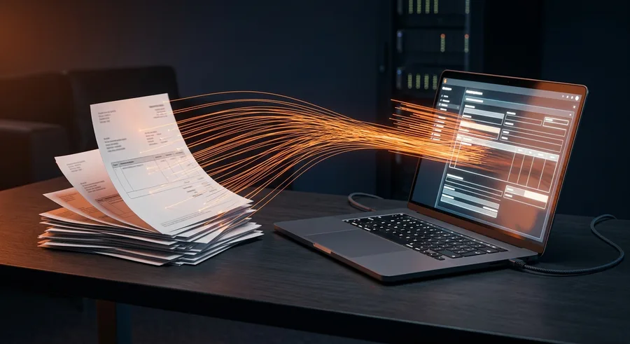 Paper invoices and a laptop with data lines symbolising automatic invoice processing