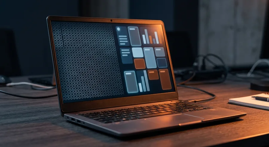 Laptop mit Tabellenraster, das in eine strukturierte Webanwendung übergeht