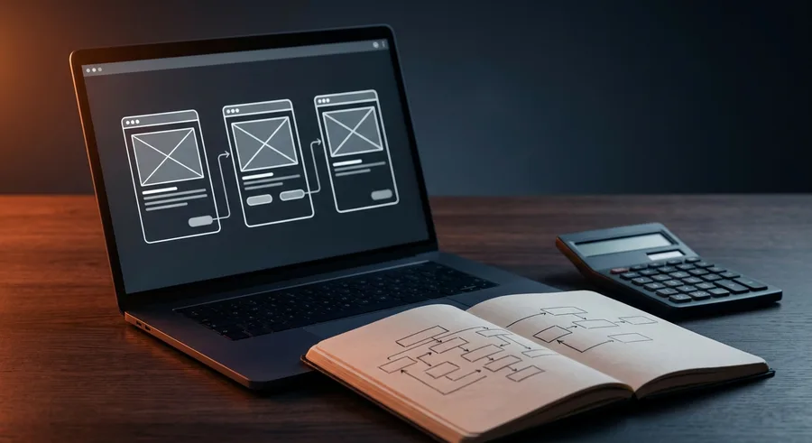 Laptop mit App-Skizze, Notizbuch und Taschenrechner bei der Budgetplanung für ein MVP