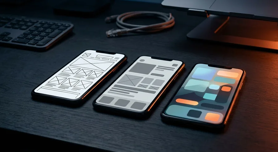 Three smartphones from sketch to finished app showing the path from prototype to MVP