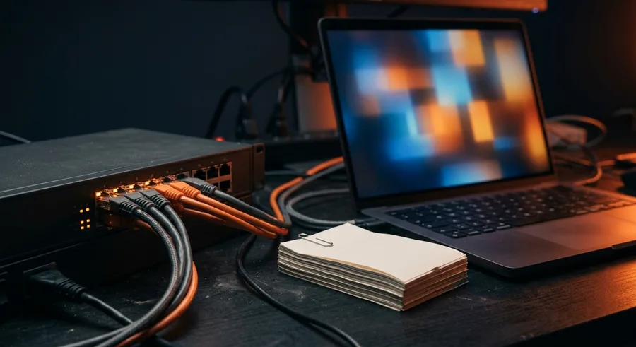 Network cables with orange LEDs and receipts symbolising the connection between Shopify and BMD