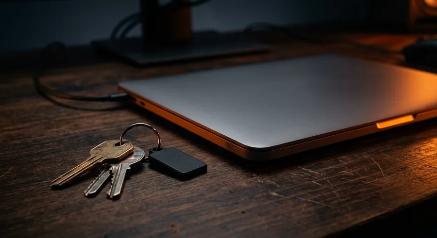 Schlüssel, Sicherheitsschlüssel und Laptop als Sinnbild für eigene Konten und Rechte am Code