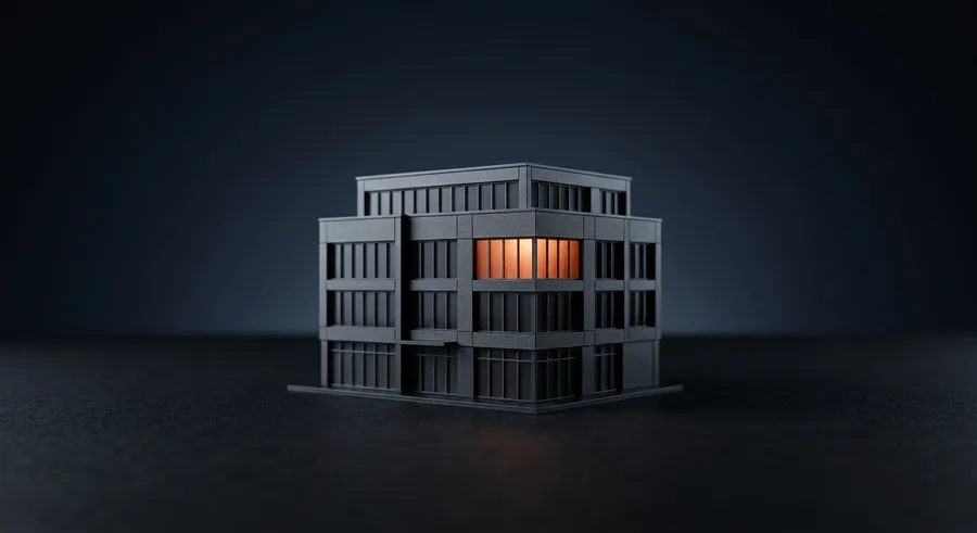Bürogebäude-Modell mit einem orange beleuchteten Stockwerk als Sinnbild für die Förderstelle aws
