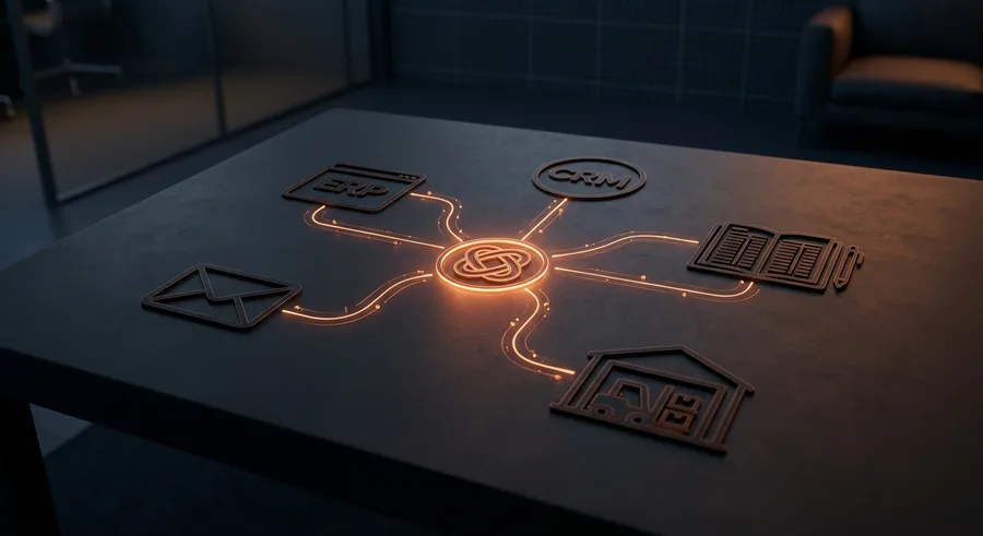 Integrations-Hub auf einem Tisch: ERP, CRM, E-Mail, Shop und Lager verbunden