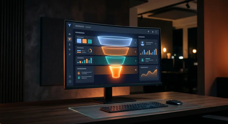 Monitor mit einem vierstufigen Lead-Funnel in einem CRM-Dashboard