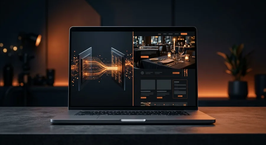 Laptop mit Restaurant-Website, Speisekarte und Reservierung
