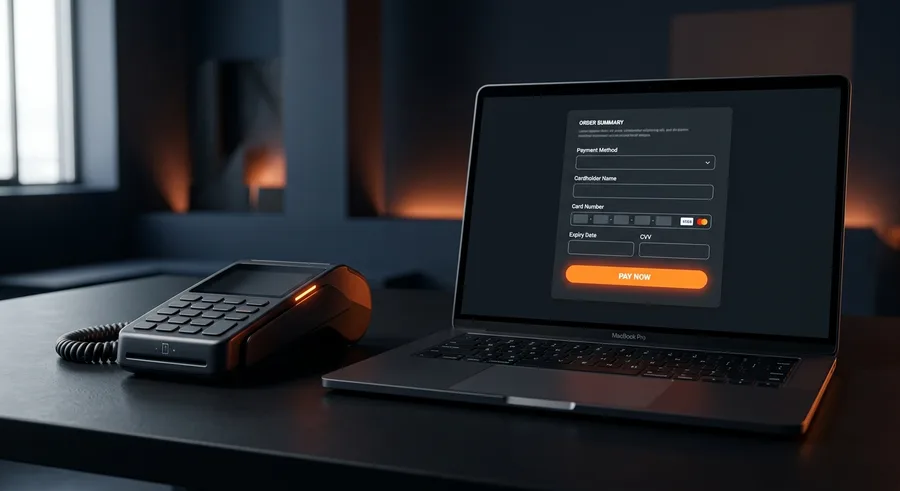Kartenterminal neben einem Laptop mit Checkout-Formular