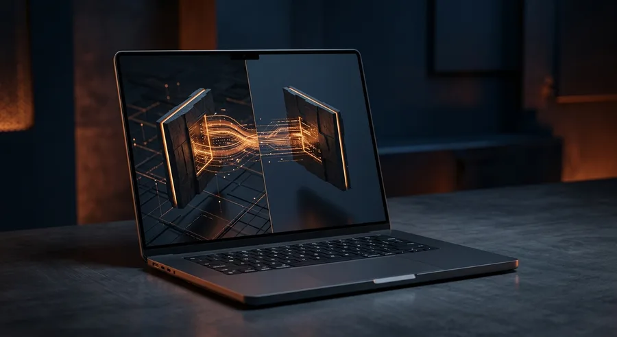 Laptop zeigt einen Datenstrom zwischen zwei Systemen