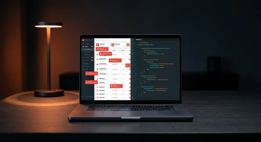 Laptop mit WordPress-Dashboard voller Plugin-Warnungen neben einer Tischlampe