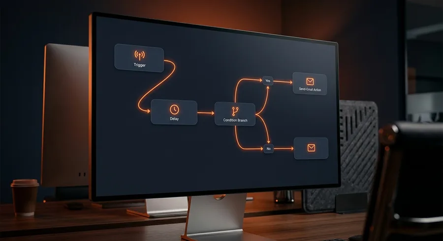 Monitor mit einem E-Mail-Workflow aus Trigger, Wartezeit, Bedingung und Aktion