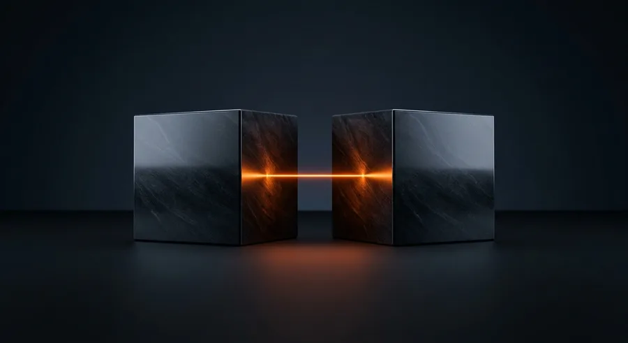 Two blocks with a glowing orange connection: a clean integration architecture