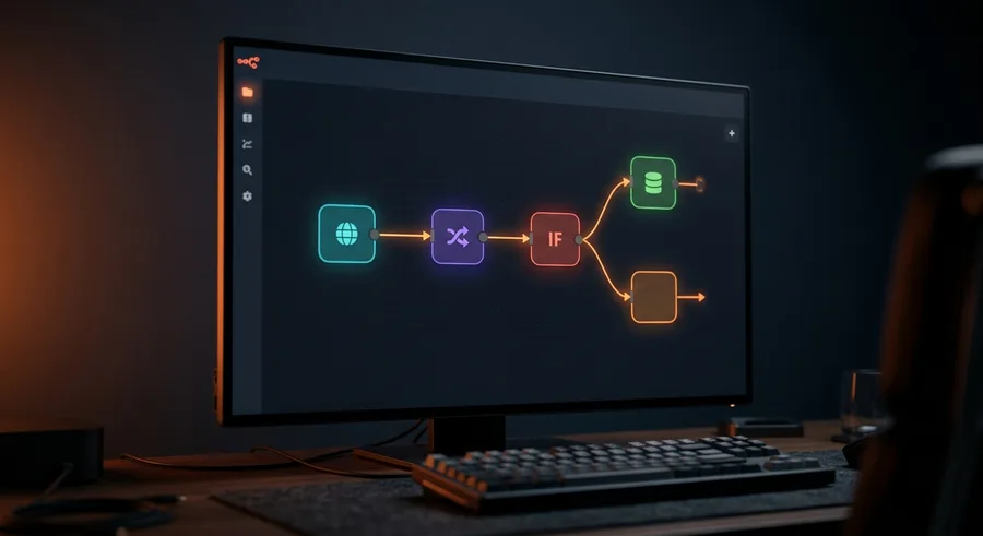 Monitor mit einem Workflow-Builder: Webhook, Verzweigung und Aktionen verbunden