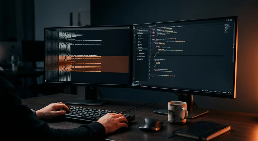 Entwickler vor zwei Monitoren mit Webhook-Logs und Handler-Code