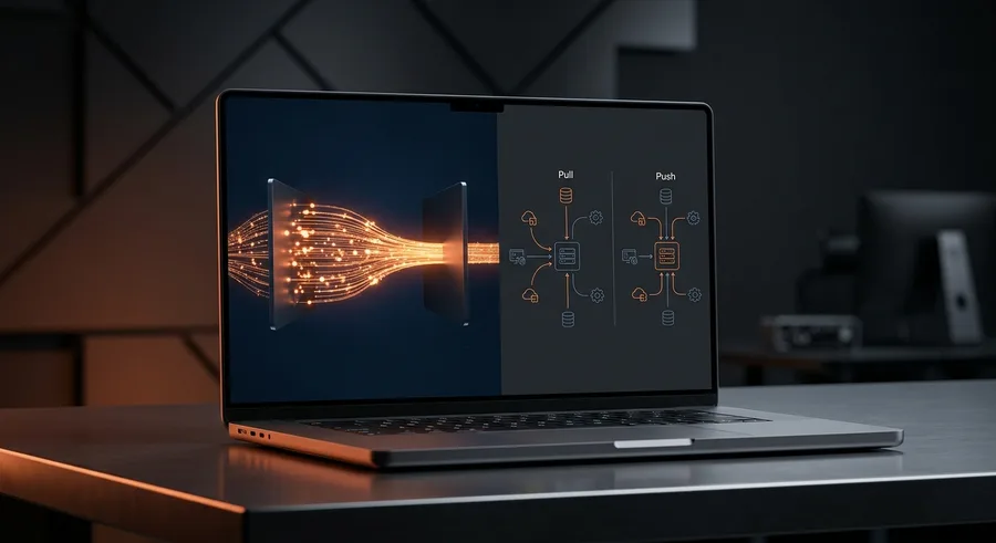 Laptop showing a diagram of REST APIs and webhooks