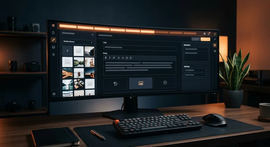 Monitor mit Content-Editor und Medienbibliothek eines Headless CMS