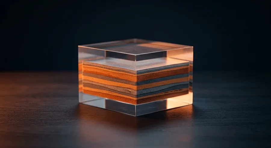 Glaswürfel mit Schichten in Orange und Grau als Sinnbild für planbare Monatskosten