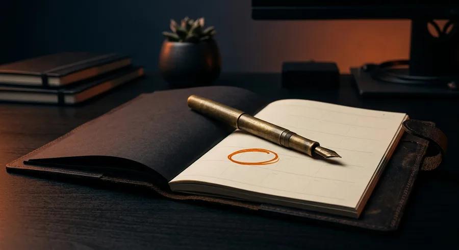Notizbuch mit orange eingekreistem Eintrag und Füllfeder
