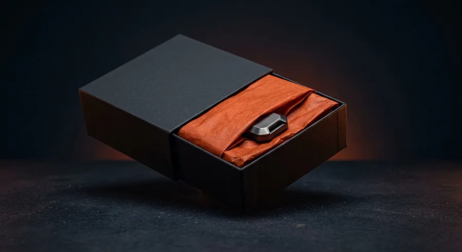 Schwarze Schachtel mit orangem Stoff und Bauteil als Sinnbild für eine individuelle Shop-Lösung
