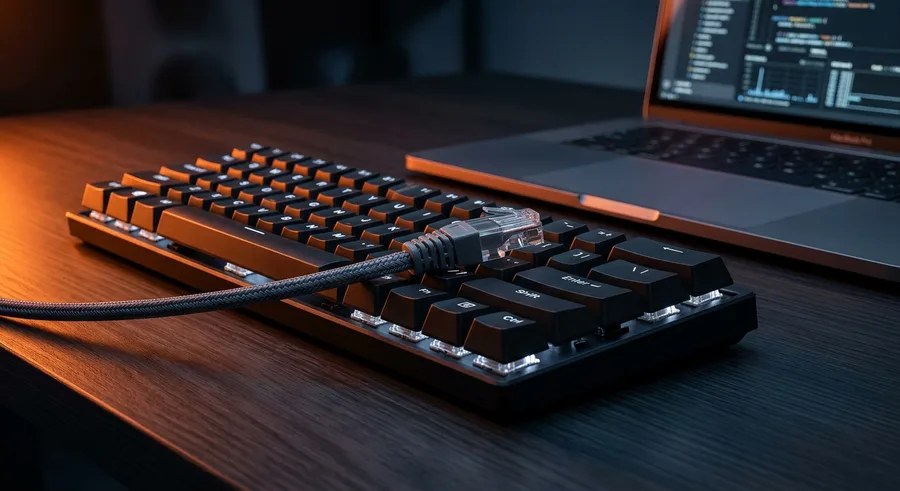 Keyboard with a network cable in front of a laptop showing code, lit in orange