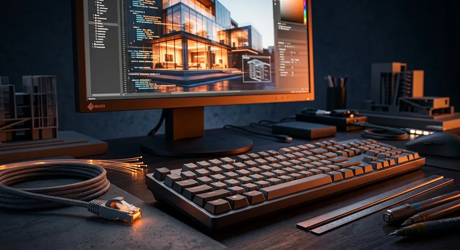 Monitor showing an architectural visualisation on a desk with scale models