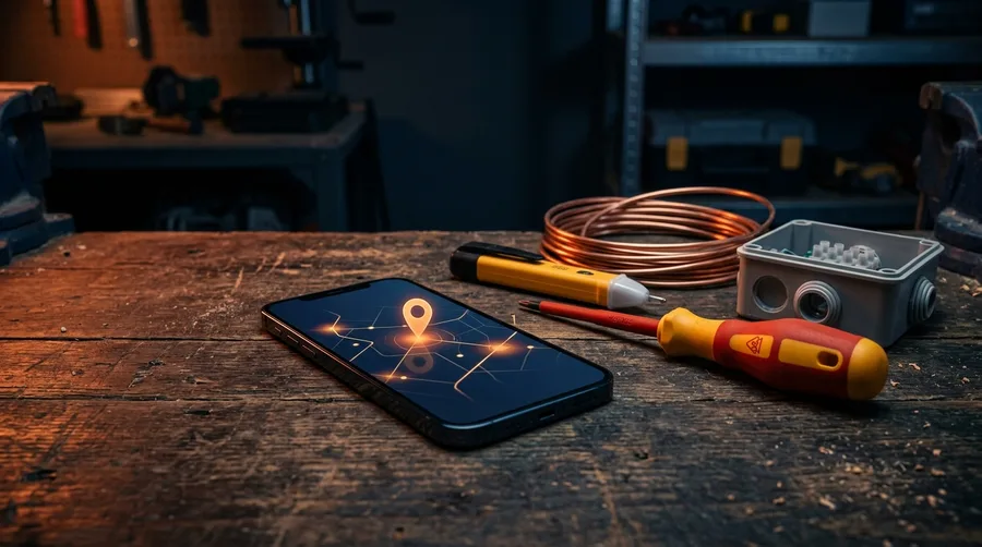Smartphone with a location pin on a workbench next to a screwdriver, voltage tester and copper cable