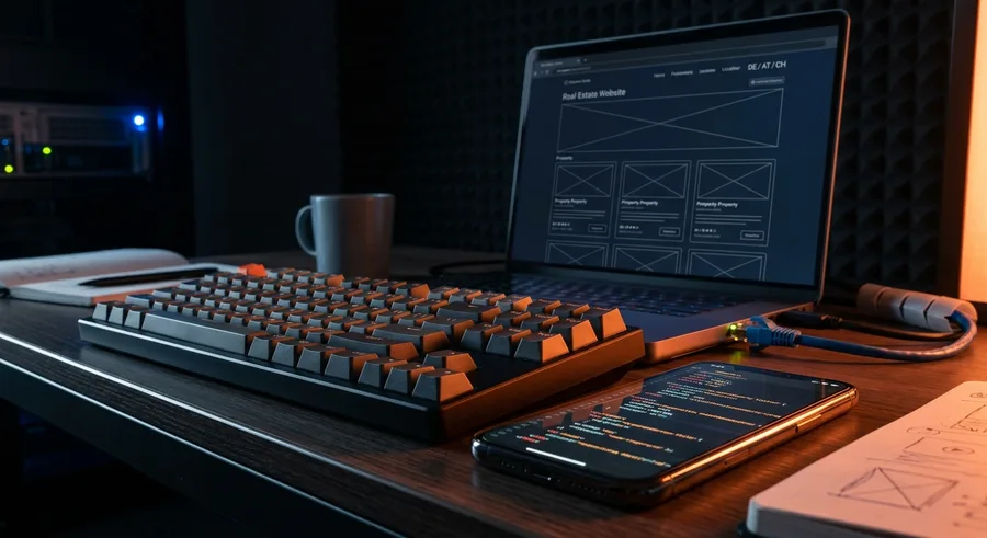 Laptop with a real estate website wireframe, keyboard and smartphone in front