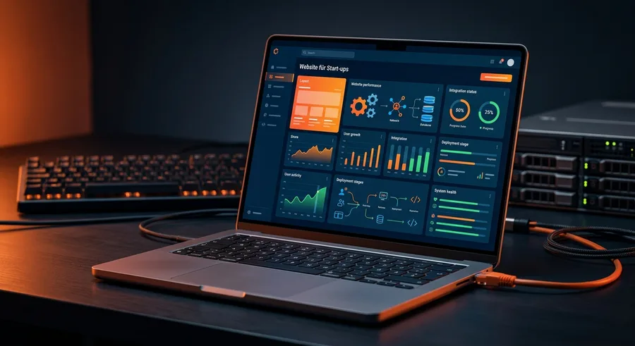 Laptop showing a project dashboard next to a keyboard and server, lit in orange