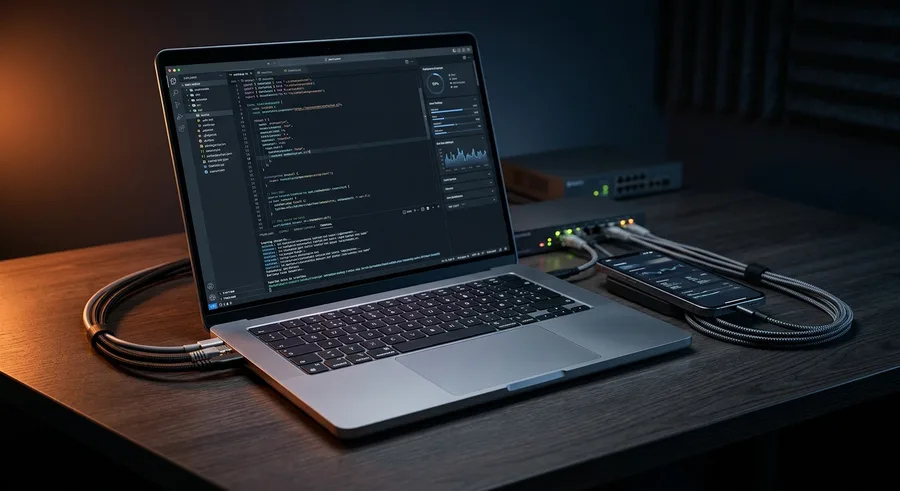 Laptop with code and charts on a dark desk next to network equipment