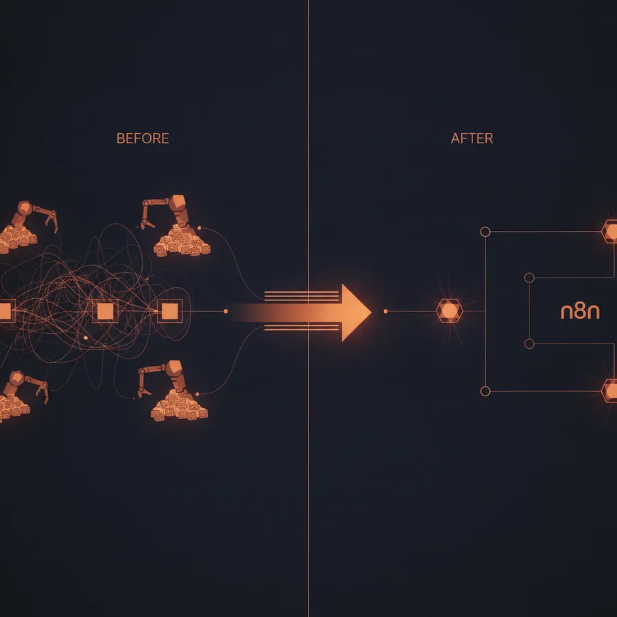 Vorher-nachher-Grafik: chaotische manuelle Abläufe links, geordneter n8n-Workflow rechts