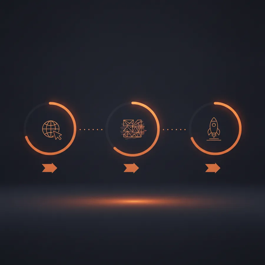 Drei Schritte als Symbole: Website, Design und Launch, verbunden durch Pfeile
