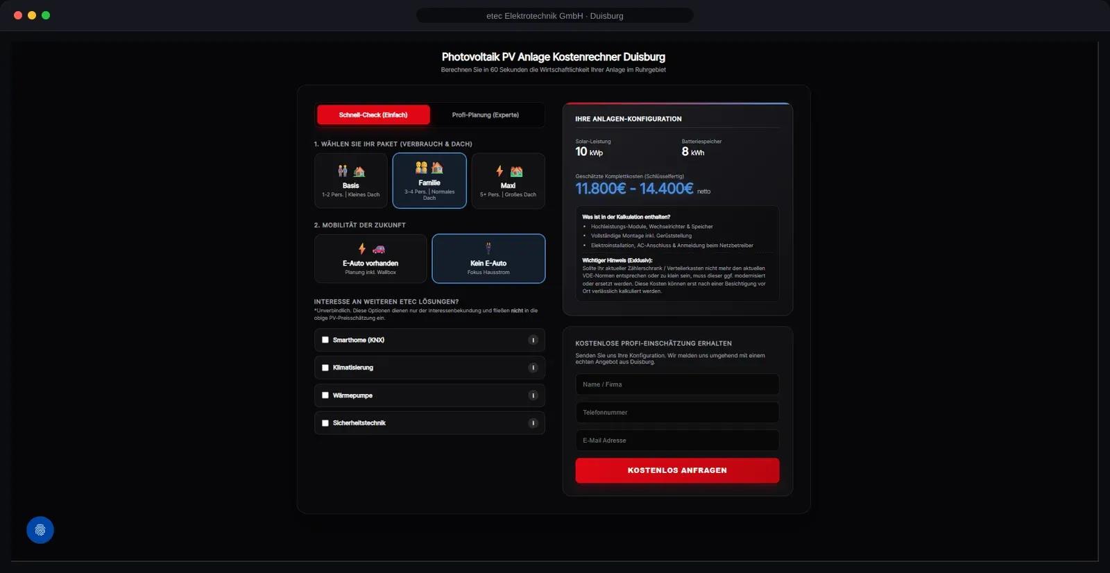 Photovoltaic calculator right on the website