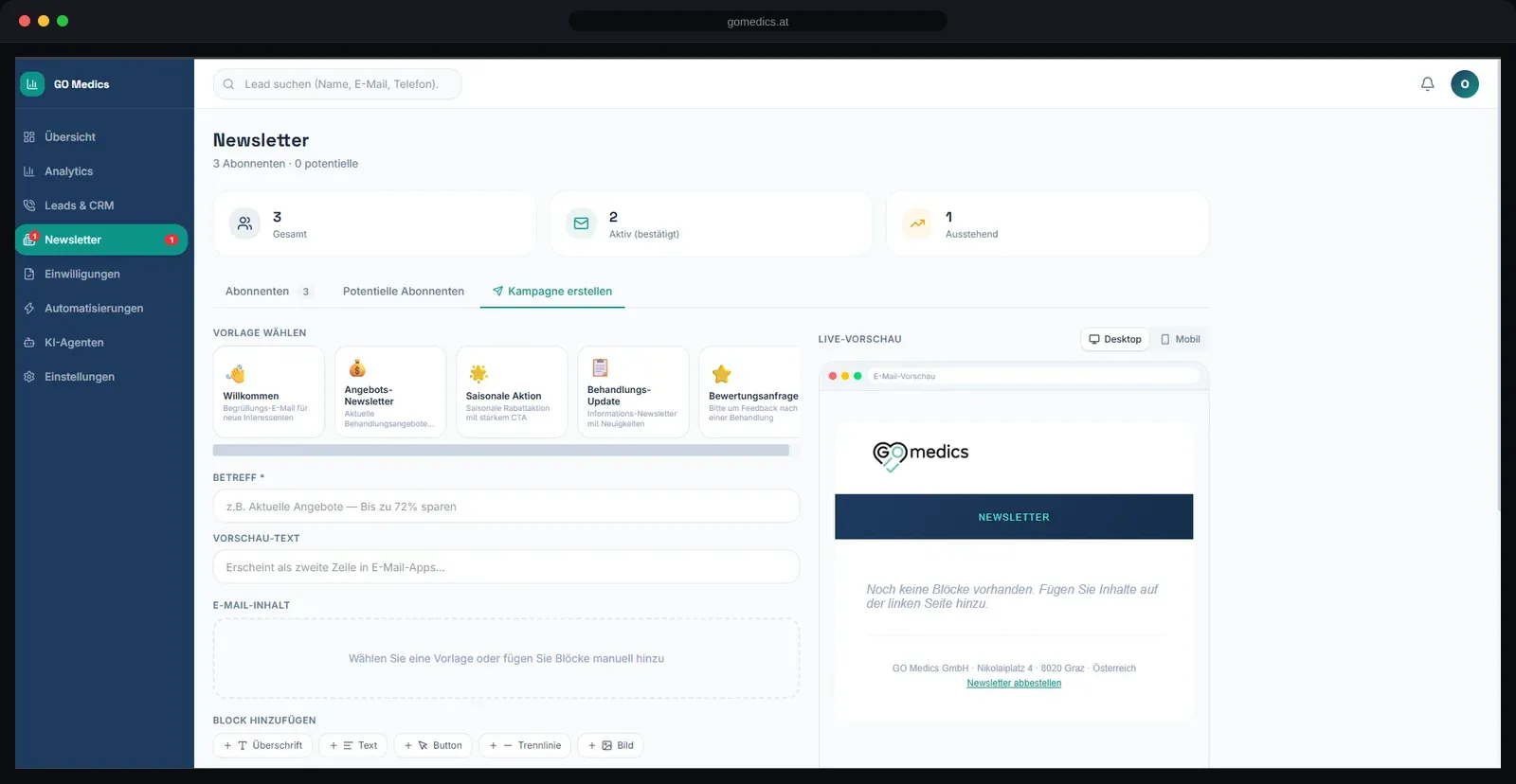 Newsletter tool inside the dashboard